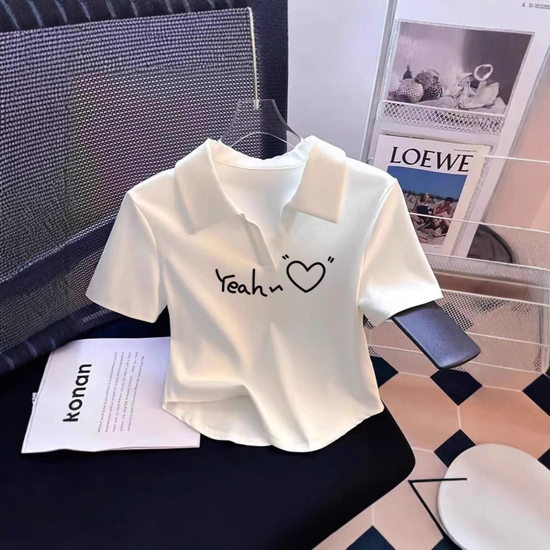 Cotton Polo Collar Short-Sleeved T-Shirt for Women Summer Preppy Style White Sexy Versatile Slimming Look Right Shoulder Short Top