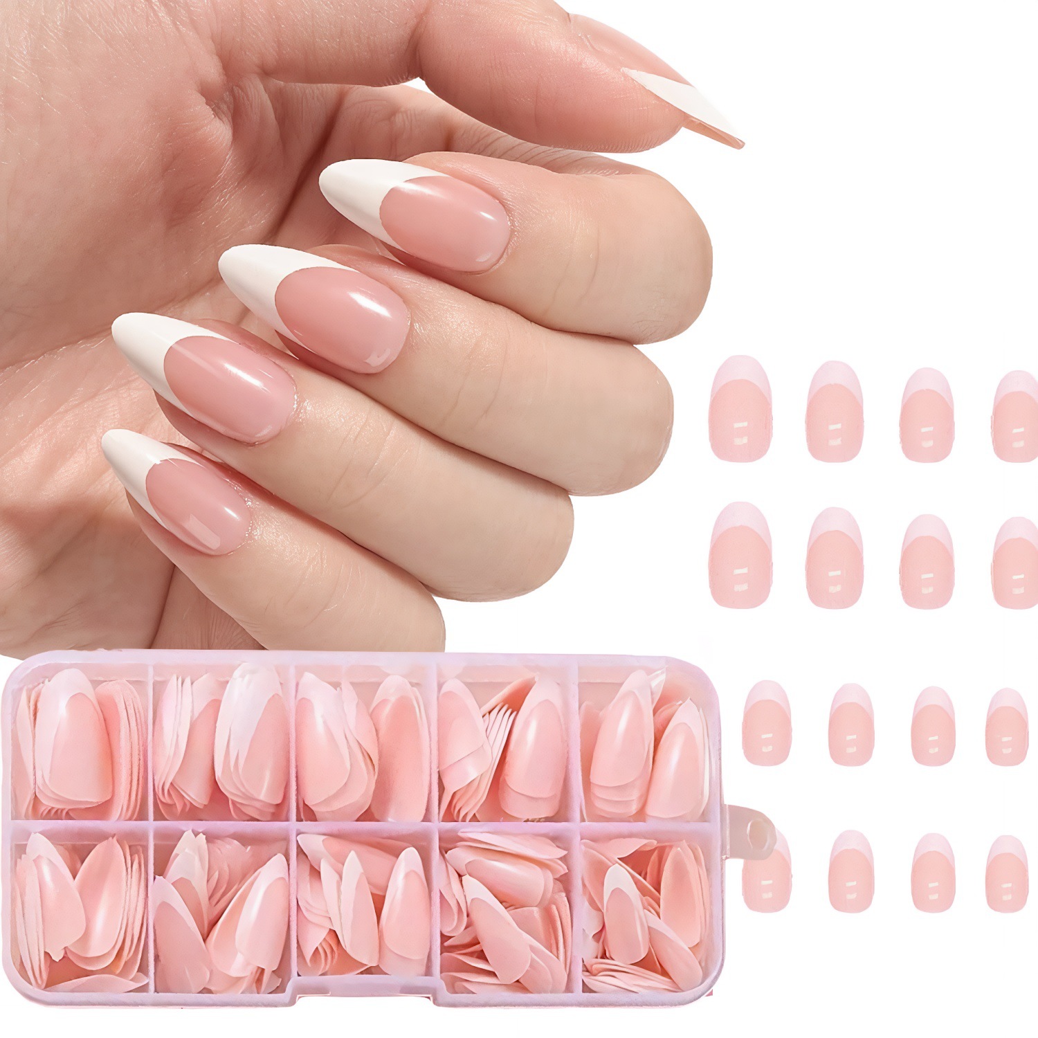 120-Piece Boxed Water Drop Almond-Shaped Press-On Nails, Japanese and Korean Gentle Style, Simple Pink and White French Manicure Nails