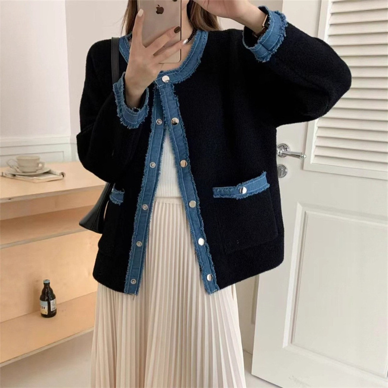 欧美跨境牛仔拼接毛衣外套女宽松慵懒休闲撞色单排扣针织开衫上衣|undefined