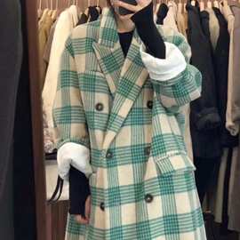 2021撞色绿格纹毛呢外套女秋冬复古西装领双排扣宽松长款呢子大衣