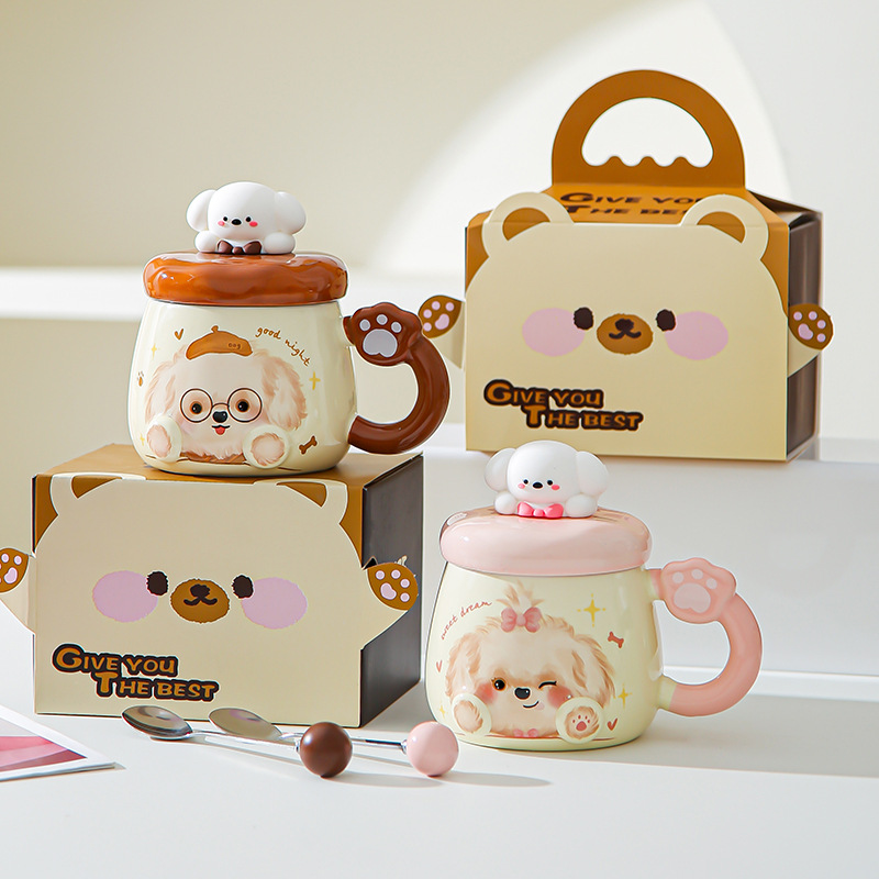 Taza de cerámica de alto valor nominal ins para cachorros con tapa para casa encantadora pareja taza de café para desayuno para acompañantes taza de regalo