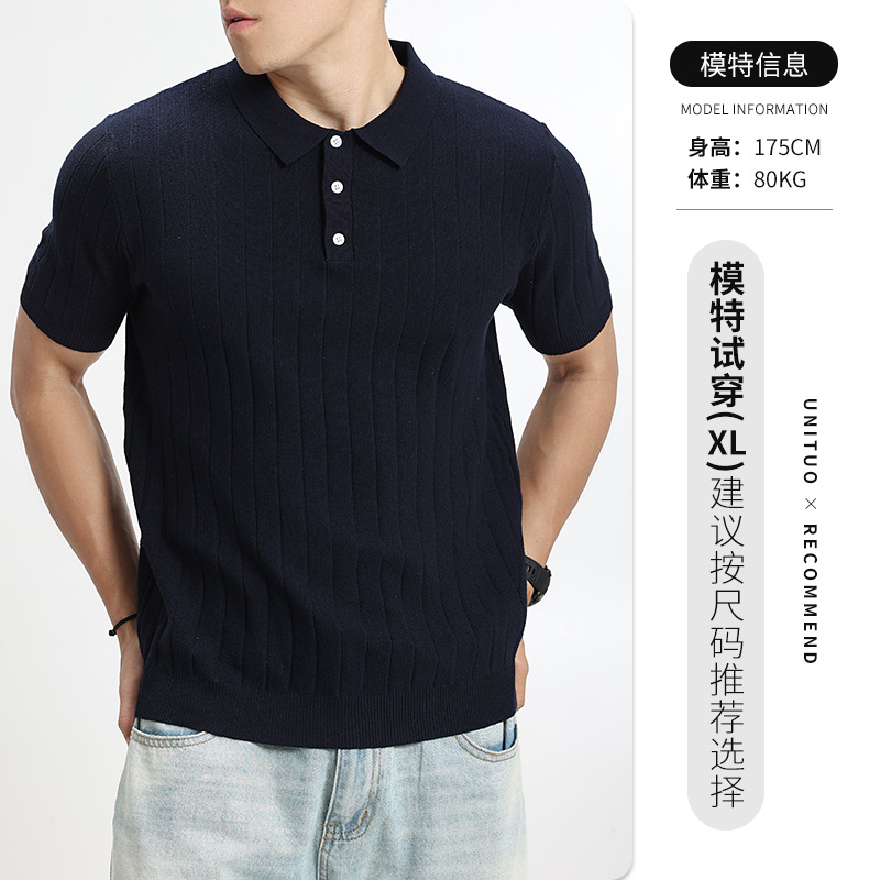 Hombre de verano de hielo de seda de punto polo camiseta de collar de manga corta europea y americana explosión de negocios casual alta sensación superior