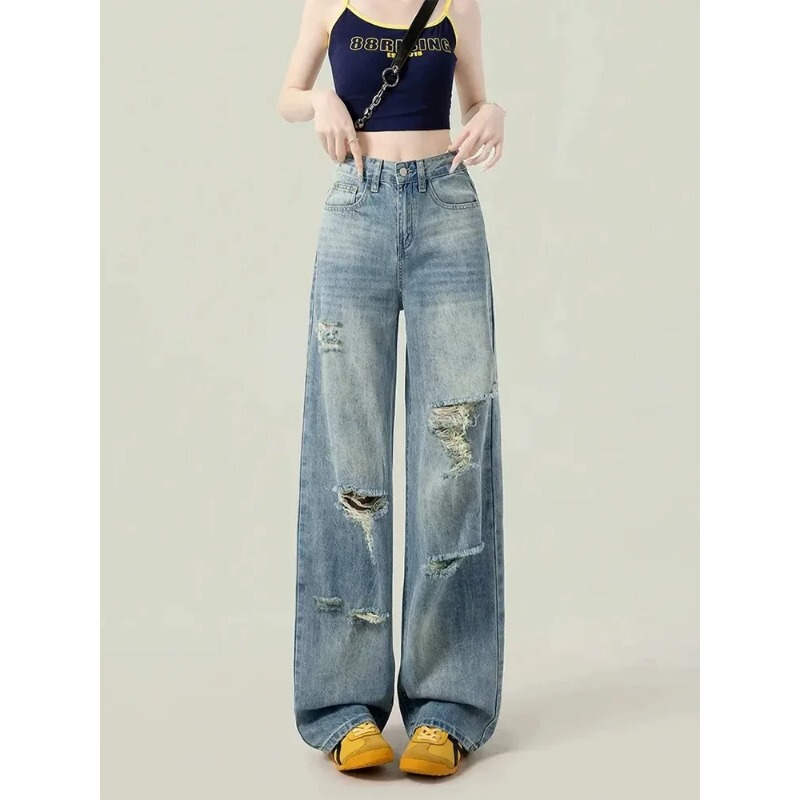 Light Blue Ripped Jeans for Women, Popular Model, 2026 New Summer High-Waisted Loose Slimming Wide-Leg Floor-Length Pants