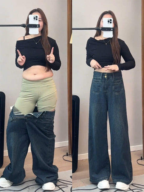 深蓝色阔腿牛仔裤女春秋款大码胖mm高腰显瘦梨形身材裤子直筒宽松|undefined