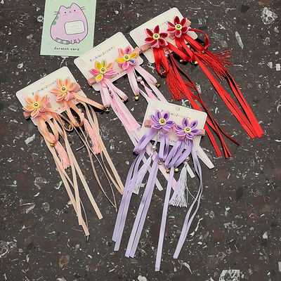 兒童古裝漢服頭飾時尚女童花朵流蘇飄帶發夾中國風發卡複古發飾品