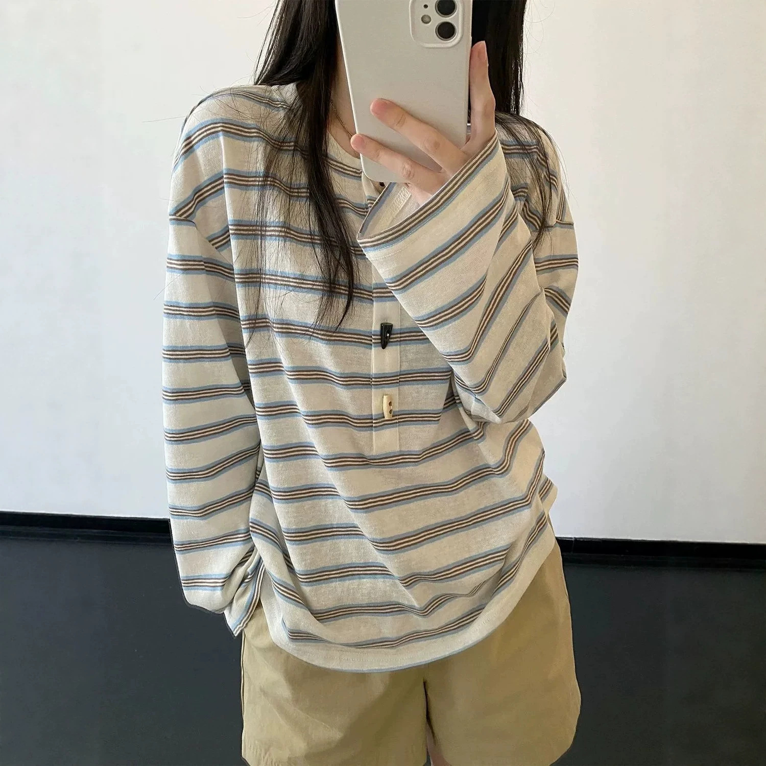 I Love It so Much! Striped Button Long Sleeve T-Shirt for Women - Korean Campus Style, Ins Super Popular, Loose Fit, Slimming Top