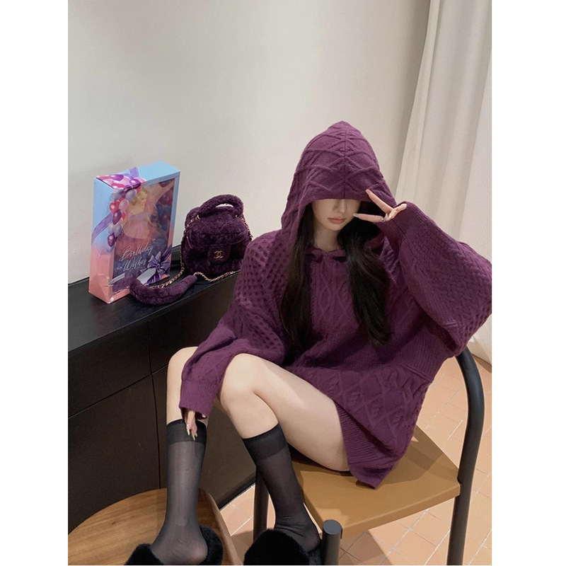Lazy Style Hooded Knitwear Jacket for Women Autumn and Winter 2022 New Retro Loose Casual Long-Sleeved Knitwear Top