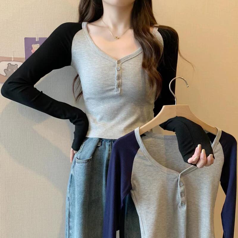 Tiktok one-piece delivery autumn and winter threaded Cotton contrast color V-neck long-sleeved T-shirt women's slim fit slimming versatile bottoming shirt top