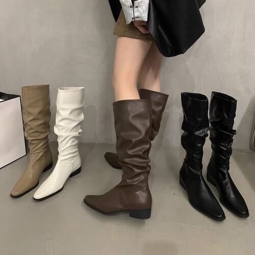 Thick heel pointed women's boots, pleated pile boots, autumn and winter new style, all-matching long-barrel knight boots, thin boots