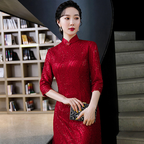 Women chinese dress oriental red lace Qipao Stand-up collar mid-length retro dress host singer miss etiquette wedding party cheongsam for woman