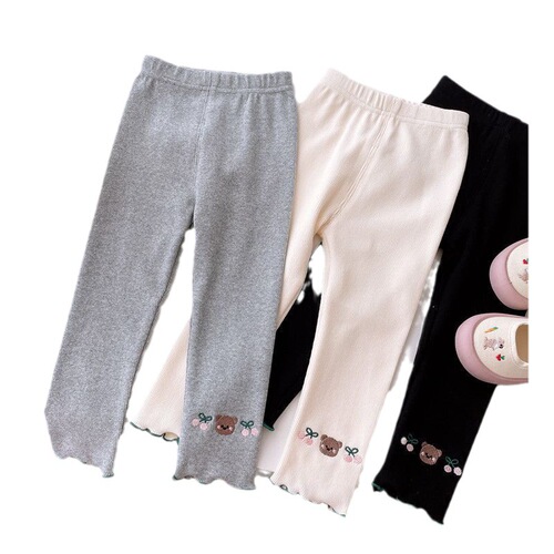 Children's 2025 Summer Wear Teddy Bear Cherry Embroidered Leggings Cute Baby Outerwear Small Foot Pants Thin Children's Girls