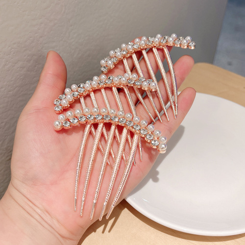 Alloy electroplating medium five-tooth comb pearl rhinestone hairpin ball hair insert adult temperament hair twister headwear