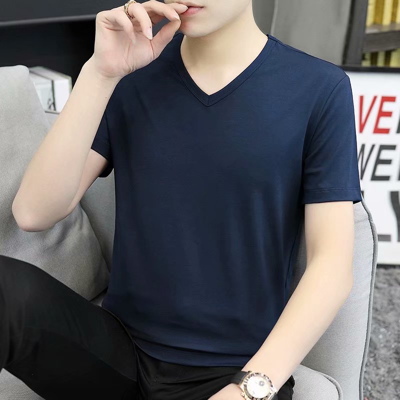 Camiseta de manga corta para hombre con cuello en V verano estilo coreano SLIM-Fit camisa blanca de fondo camiseta de media manga de cuello de pollo versátil para hombre