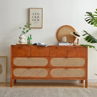 Nordic Solid Wood Drawer Cabinet Home Bedroom Rattan Retro Drawer Storage Cabinet Homestay Japanese-style Multi-functional Storage Drawer Cabinet