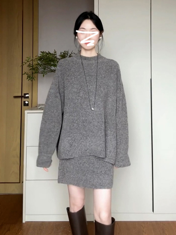 韩系感纯色毛衣套装女2025年秋冬季新款慵懒风针织衫半身裙两件套|undefined