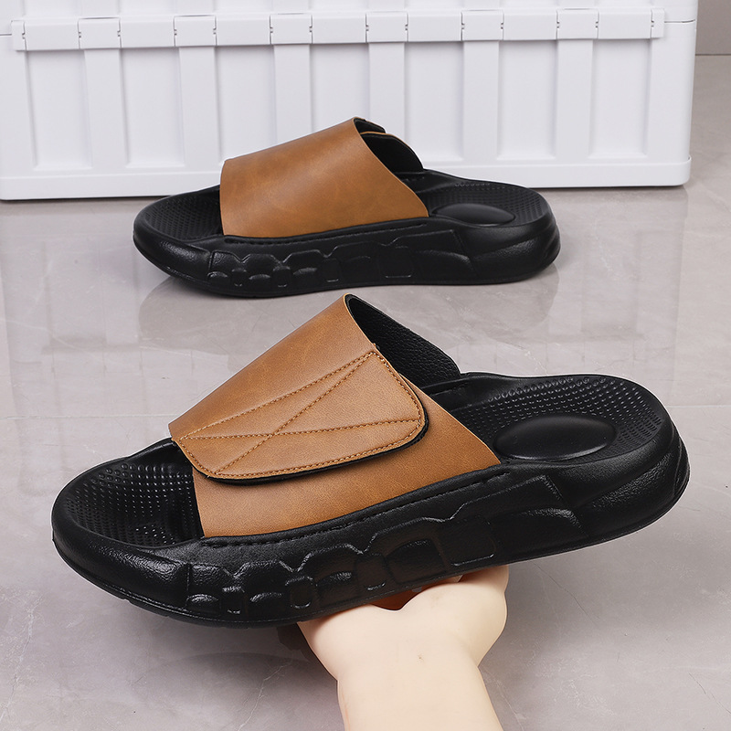 2025跨境魔术贴拖鞋皮面拖鞋夏季厚底休闲户外运动休闲男士一字拖