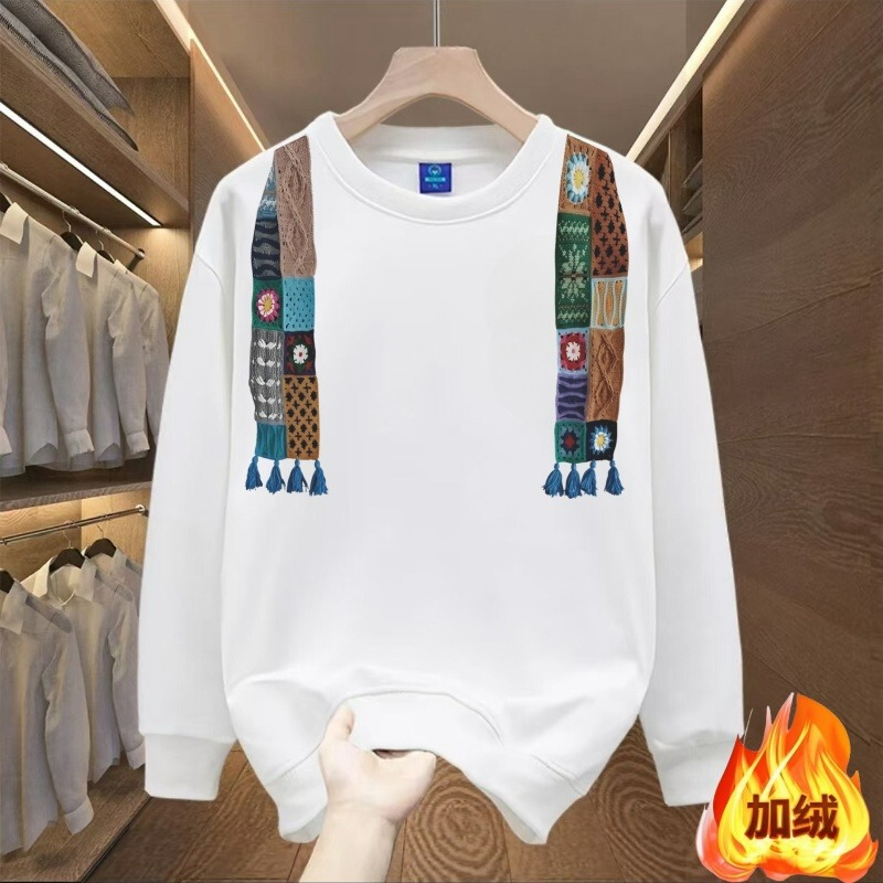 White Sweatshirt Men's Ethnic Style Shawl Print Design Round Neck Trendyy 2024 Autumn and Winter Bottoming Shirt Top White Sweatshirt Men's Ethnic Style Shawl Print Design Round Neck Trendyy 2024 Autumn and Winter Bottoming Shirt Top