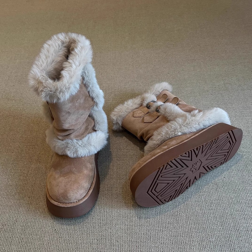 雪地靴女款2025新款冬厚底皮带扣中筒毛毛靴保暖东北棉鞋百搭短靴