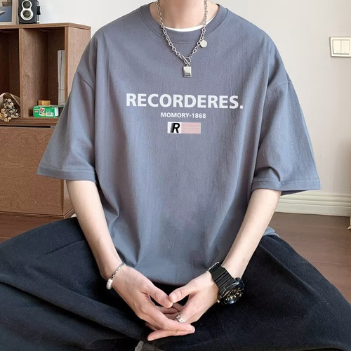 Men's Fashion Brand Summer Loose Five-Button Sleeve Trendy Ins Simple Print T-Shirt