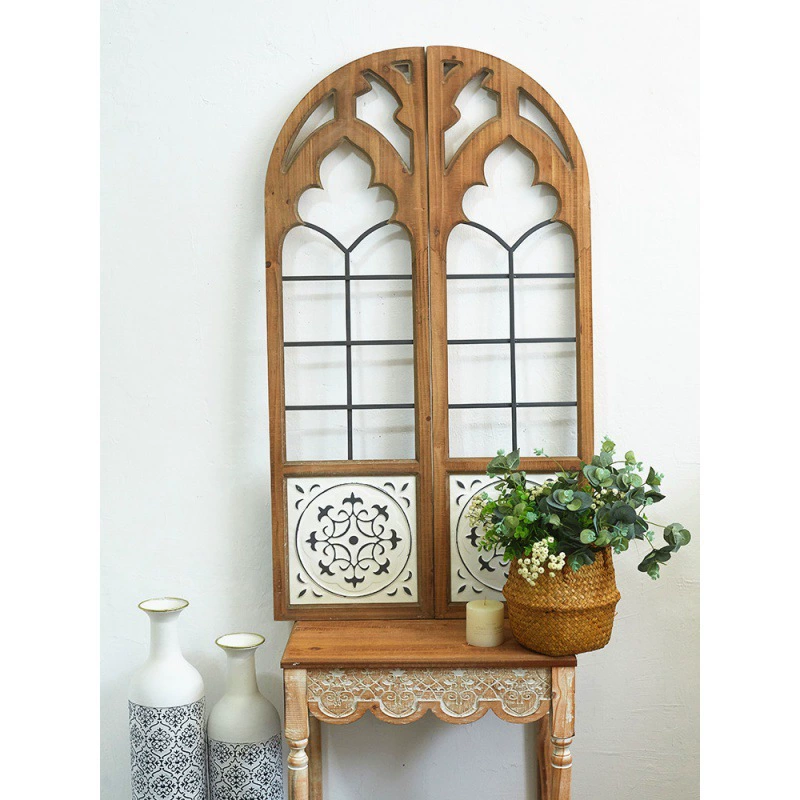 Арочное оконное украшение во французском стиле с деревянным искусственным окном в стиле дзен, винтажное деревянное окно для освещения и вентиляции, арочное зеркало.