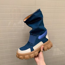 厚底中筒靴女2025年新款拼色牛仔靴显瘦酷帅英伦风马丁靴潮