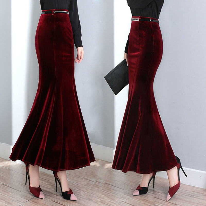 Gold velvet skirt autumn and winter new style slim high-end and fashionable long hip-cover skirt dress winter fishtail skirt