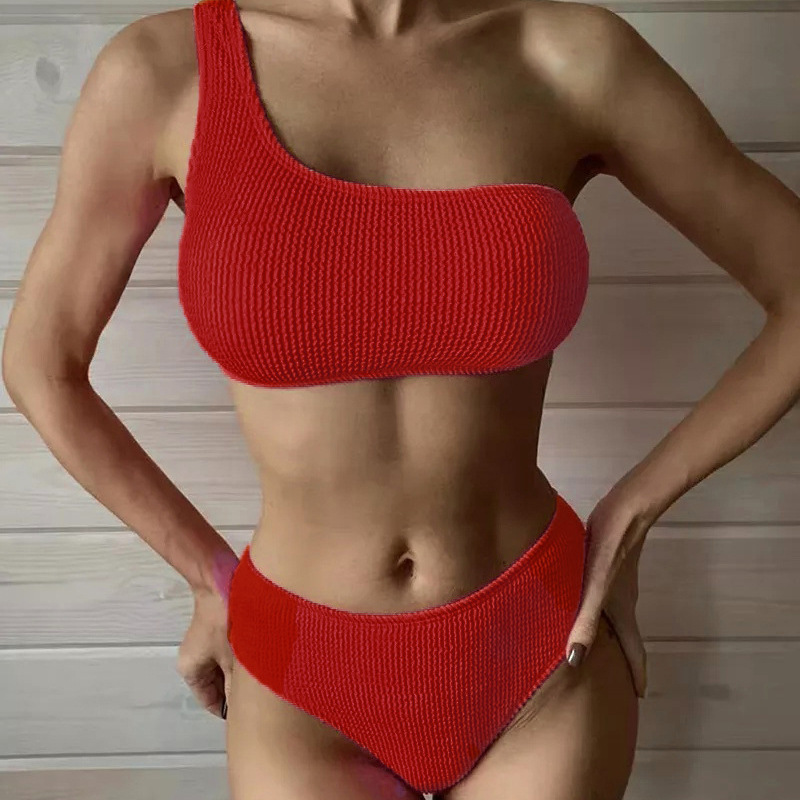 Traje de Baño de Estilo Europeo y Americano Nuevo para Mujer 2024, Bikini de Color Sólido con Estampado de Serpiente, Bikini Sexy de Un Hombro y Cintura Alta al por Mayor