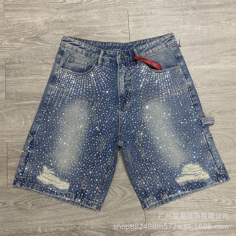 Marca de moda para hombres y mujeres 2025 nuevo verano nuevo estilo pantalones cortos de mezclilla de diamantes calientes rotos pantalones cortos retro de calle de todo fósforo rectos