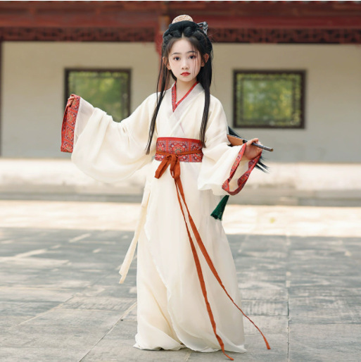 Hanfu White Fairy-Style Traditional Cross-Collar Long Robe Chinese Style Performance Costume for Girls Wei and Jin Dynasty Fairy-Style Straight Hem Robe Hanfu White Fairy-Style Traditional Cross-Collar Long Robe Chinese Style Performance Costume for Girls Wei and Jin Dynasty Fairy-Style Straight Hem Robe