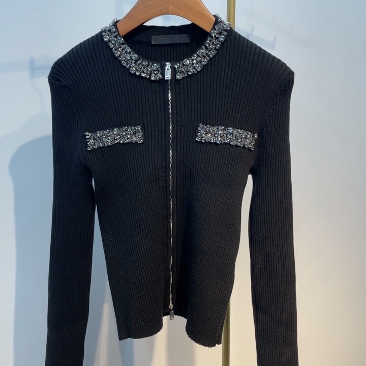 2024 New Year Custom-Made Rhinestone Double-Zip Slim-Fit Short Knit Simple Versatile Fashion Sequin Design Long Sleeve