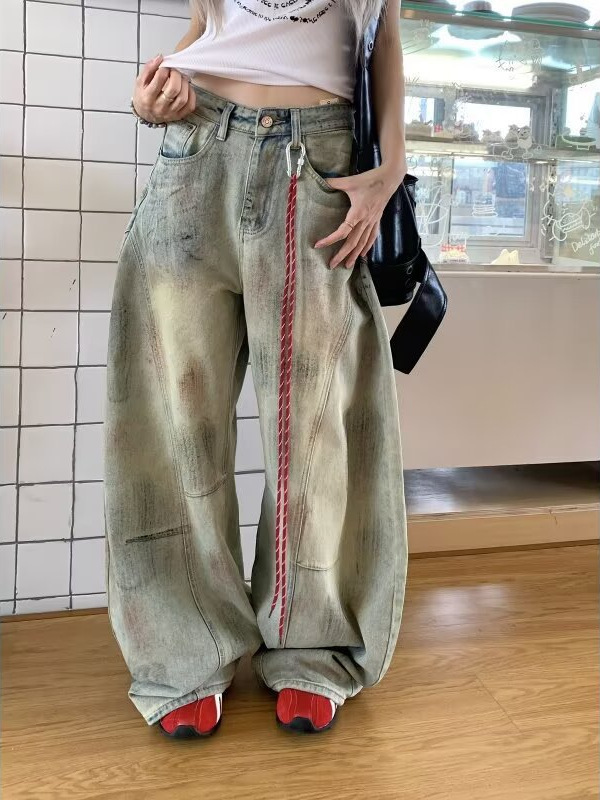 美式复古做旧扎染牛仔裤女装秋季新款设计感宽松显瘦阔腿镰刀裤子|undefined