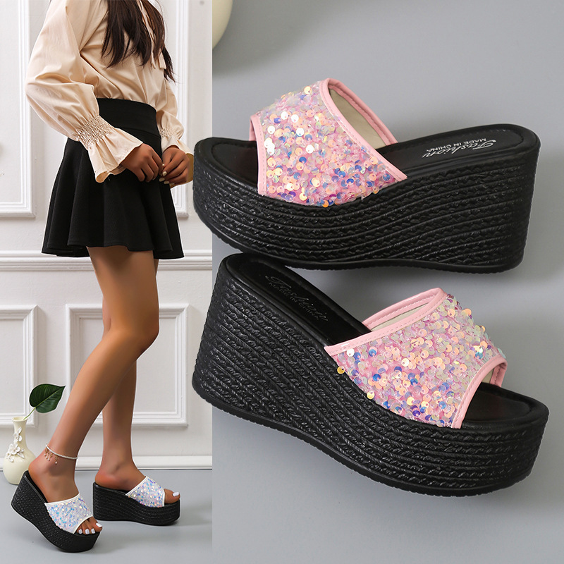 2024秋季新款外贸大码松糕鞋高跟厚底圆头水钻亮片欧美时尚凉拖鞋