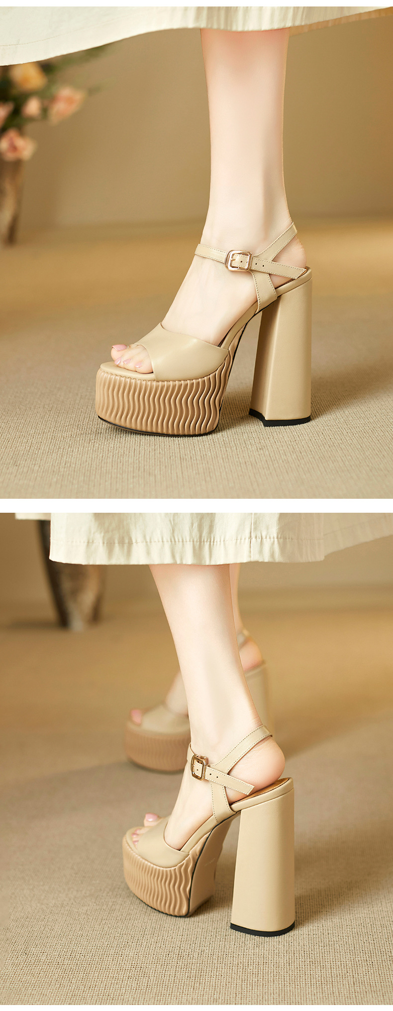 Sandal cao gót nữ quai ngang miệng cá đế xuồng 15 cm da thật — Màu đen chi tiết 5