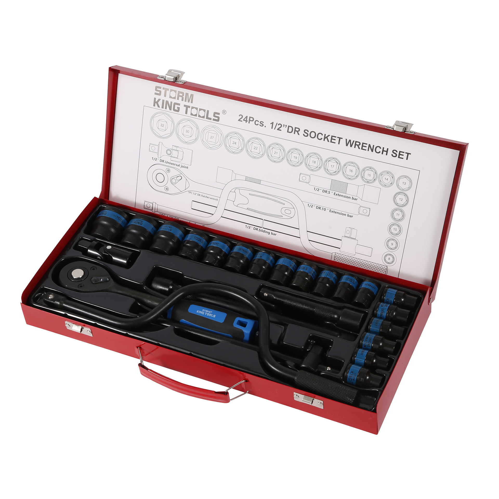 跨境现货24件套弯弓专业汽车维修工具棘轮扳手套筒组合便携工具箱