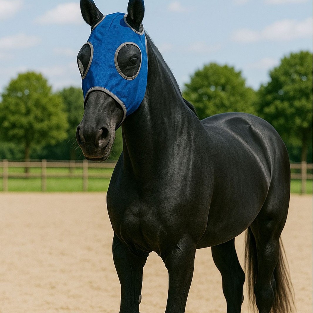 Horse face mask for mosquito and fly protection, blue breathable headgear, elastic horse bridle, suitable for all seasons, equestrian equipment.