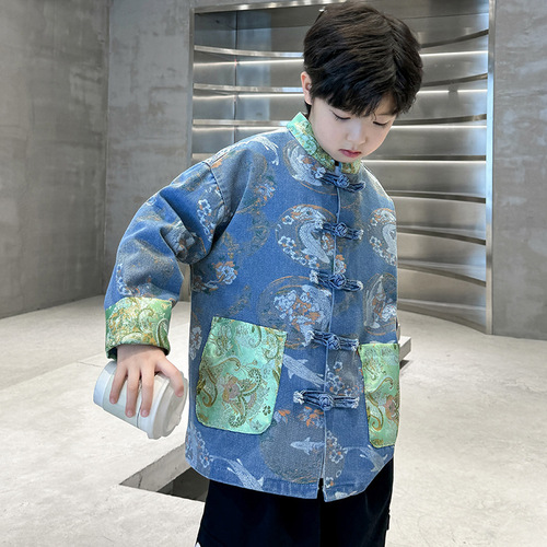 Boys' Hanfu 2024 Spring and Autumn Chinese Style Denim Jacket, Traditional Chinese Children's Nationality Costume Top, Tang-style Formal Dress