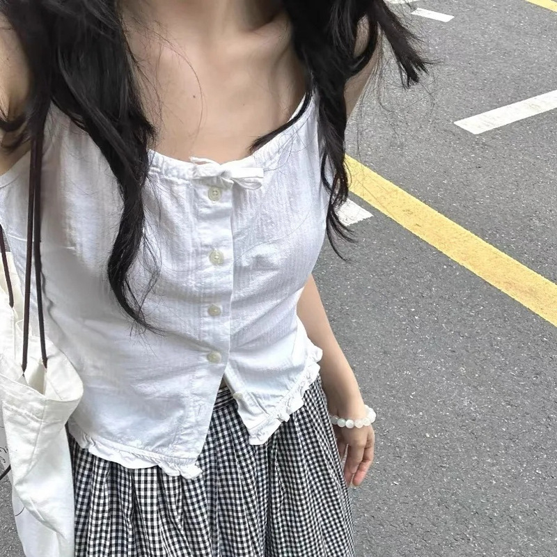 Summer Commuter American Style Retro Fresh White Lace Sling Women's BM Single-breasted Inner Sweet Vest Top