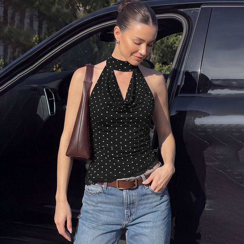 European And American Women's Clothing 2026 Summer New Fashion Polka Dot Lace Slim-fit Versatile Backless Strap-up Tube Top_ecoleips.com