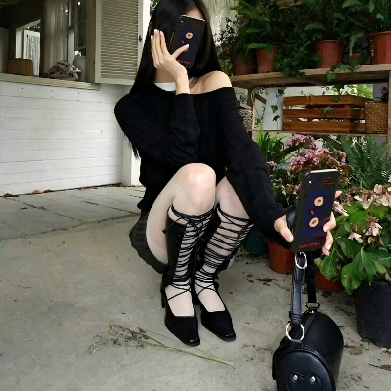 European and American Style Long Boots with Hollow-Out Laces, Sexy Knight Boots, Dark Style Niche Spicy Girl High-Top Roman Sandals for Women in Summer