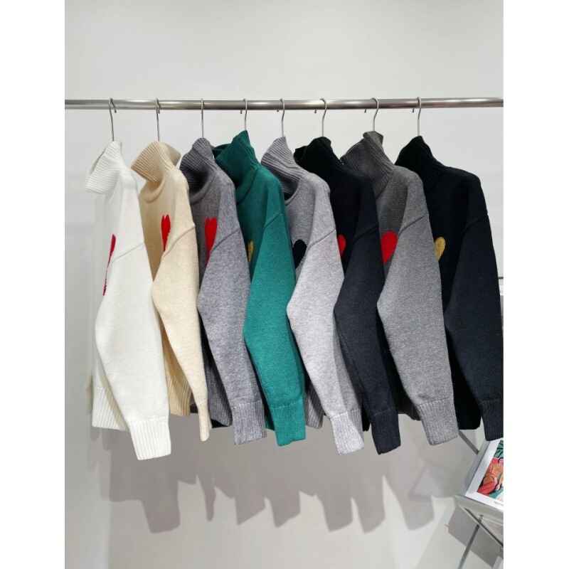 Ceiling 100% Wool Red Big Heart Cloud Turtleneck Pullover Sweater Unisex Long Sleeve Versatile