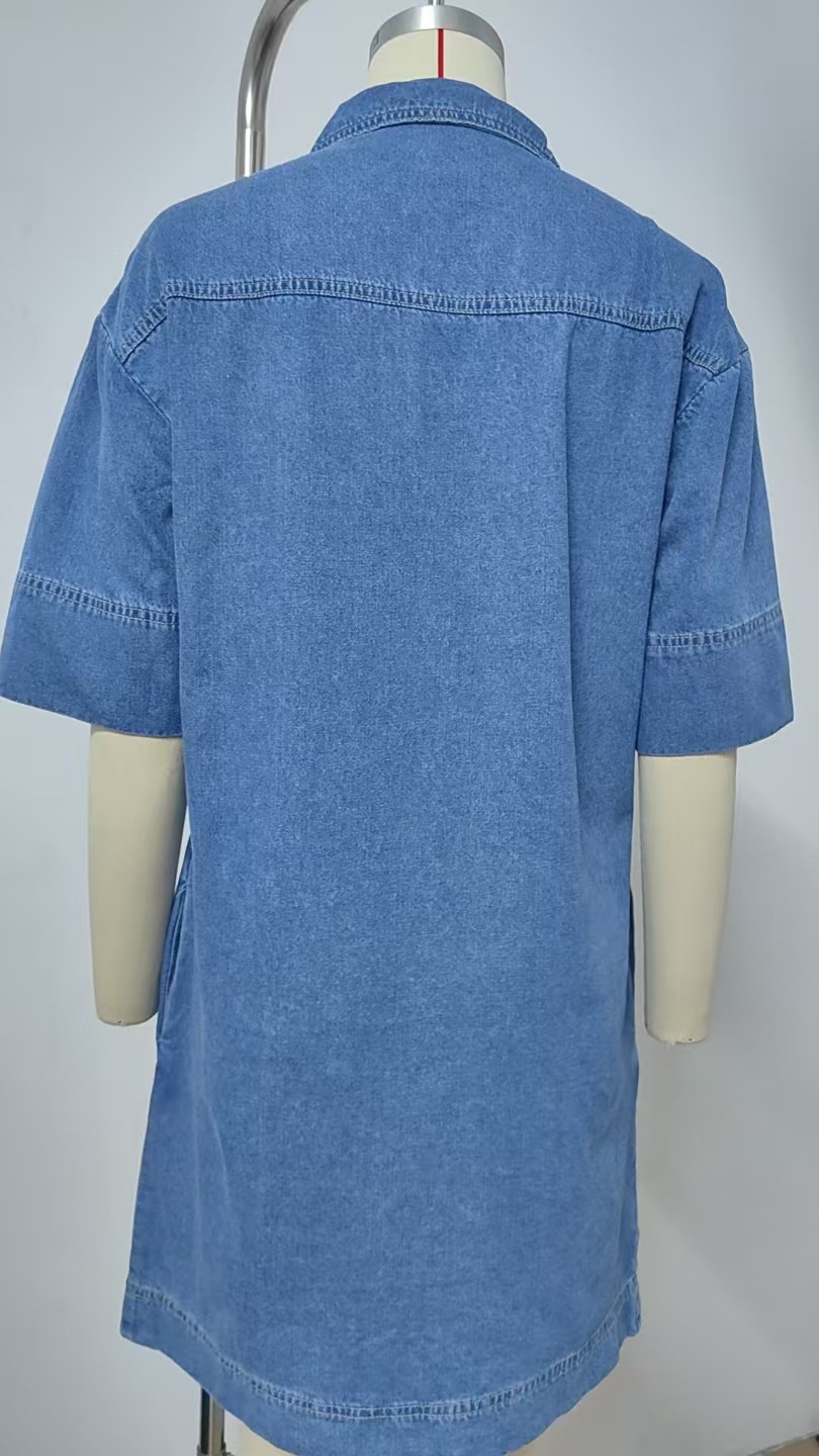 Women Spring Summer Washed V neck Loose Short Sleeve Dress Midi Dress