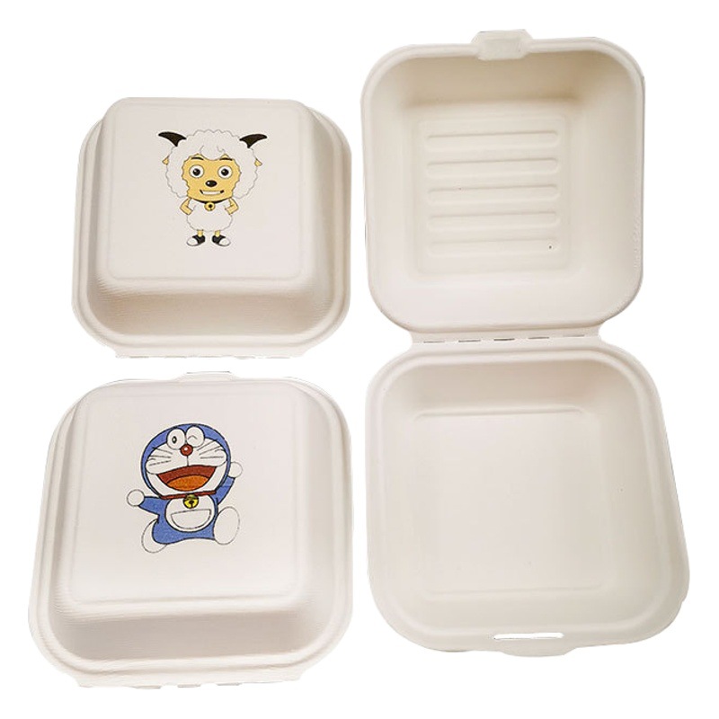 Caja de almuerzo de pulpa desechable Caja de pastel Bento rojo neto Caja de hamburguesa de 6 pulgadas Caja de embalaje para llevar cuadrada Calefacción