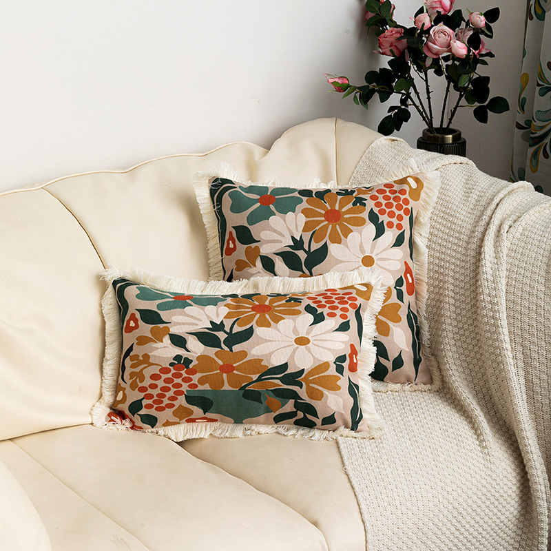 European and American style around tassel edge decorative plant flower cotton linen printed pillowcase home decoration sofa cushion cover_voghion.com