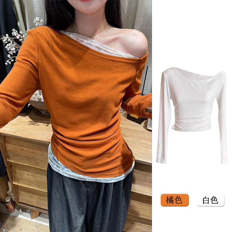 Orange Slant Shoulder Lace Stitching Long-sleeved T-shirt Women's 2024 Autumn and Winter New Korean Wear Slim-fit Shoulder Top