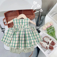 Green Small and Fresh Color-Woven Checkered Babydoll Top and Skirt Shorts Set for Korean Girls