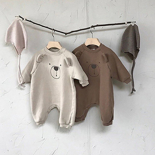 Korean Version Ins Baby Fleece Warm Bodysuit Cute Little Bear Cartoon Long Climbing Suit Autumn/Winter Sweatshirt