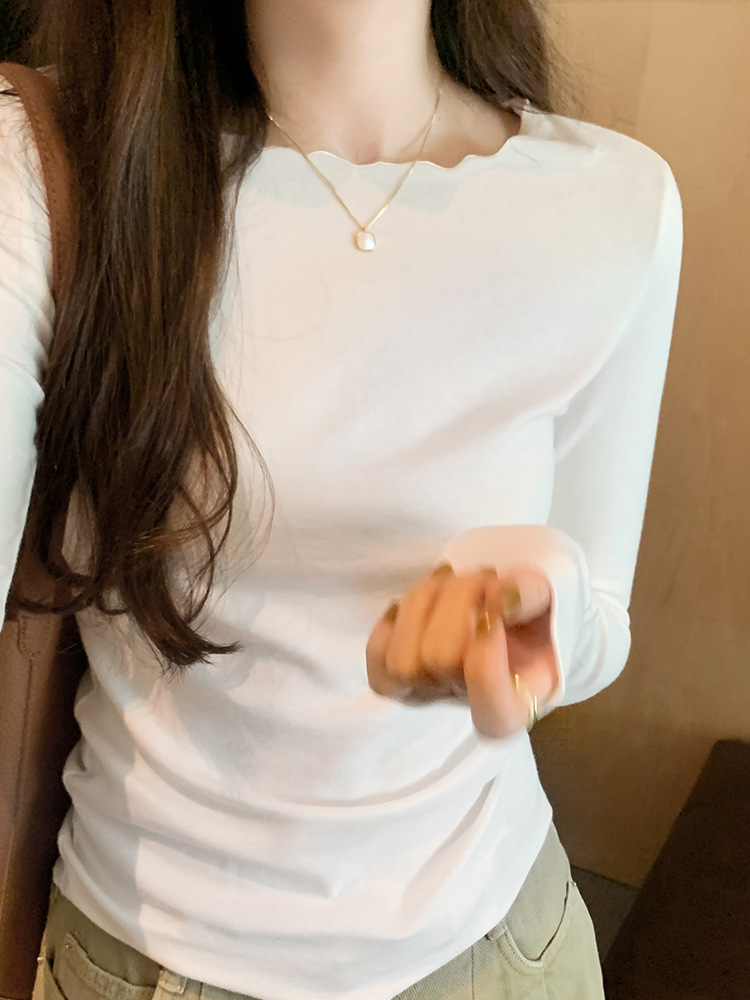 (2개) 귀 가장자리 둥근 목 솔리드 컬러 탄성 긴팔 티셔츠 여성의 2024 가을 및 겨울 새로운 기본 내베이스 탑 E18