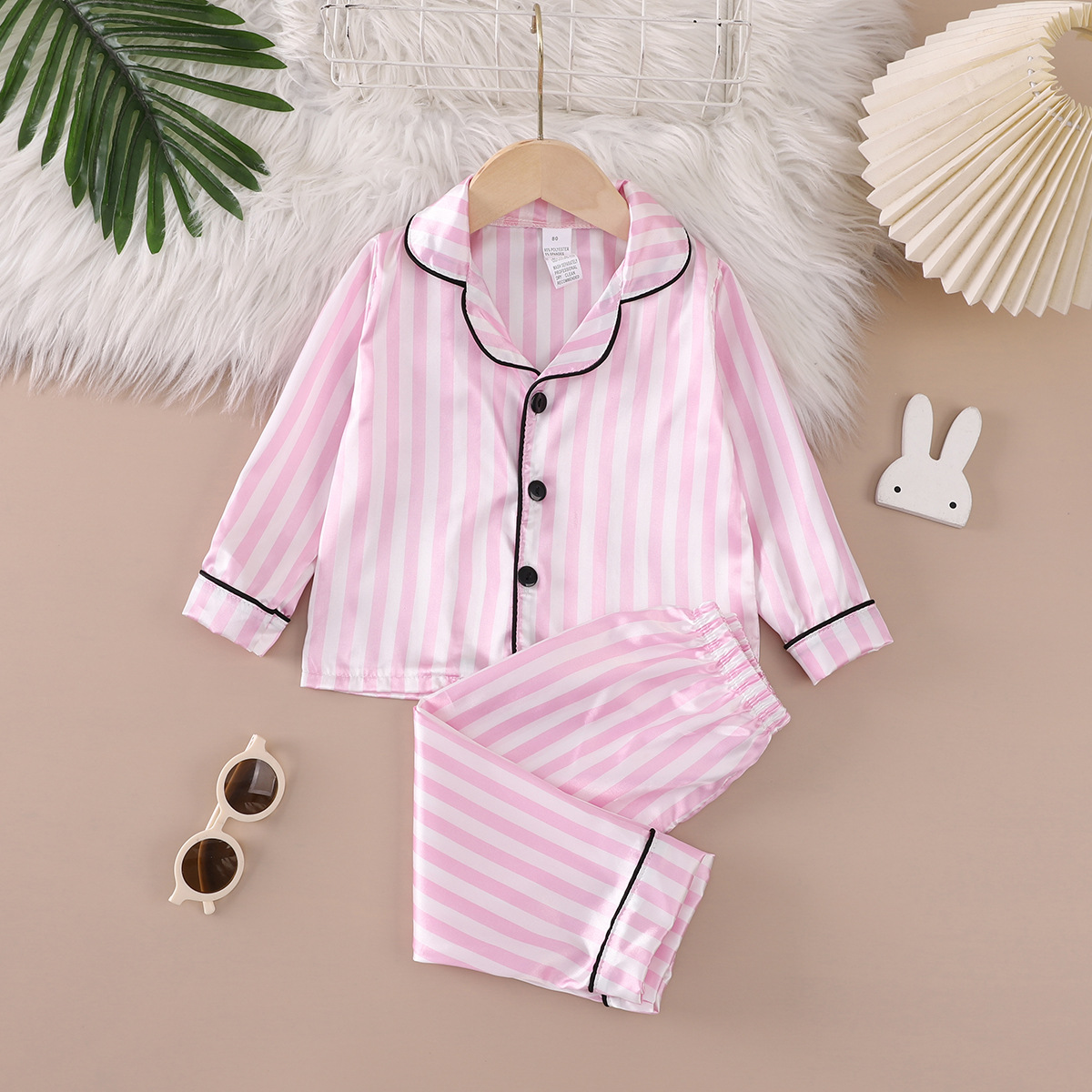 Cross-Border Foreign Trade Spring and Autumn Children's Pajamas, Imitation Silk Striped Children's Home Wear, Long-Sleeved Indoor Children's Pajamas