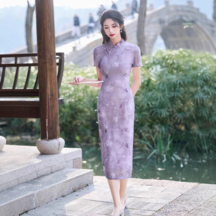 Spring and Summer Cheongsam New Improved Retro Purple Elegant New Chinese Style Young Style High-end Cheongsam dress