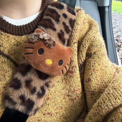 Melard leopard print Hello Kitty plush car seat shoulder pad, plush toy for car interior, car seat shoulder strap (Motorcycle Handle Cover) - dark-brown-kitty-shoulder-pads